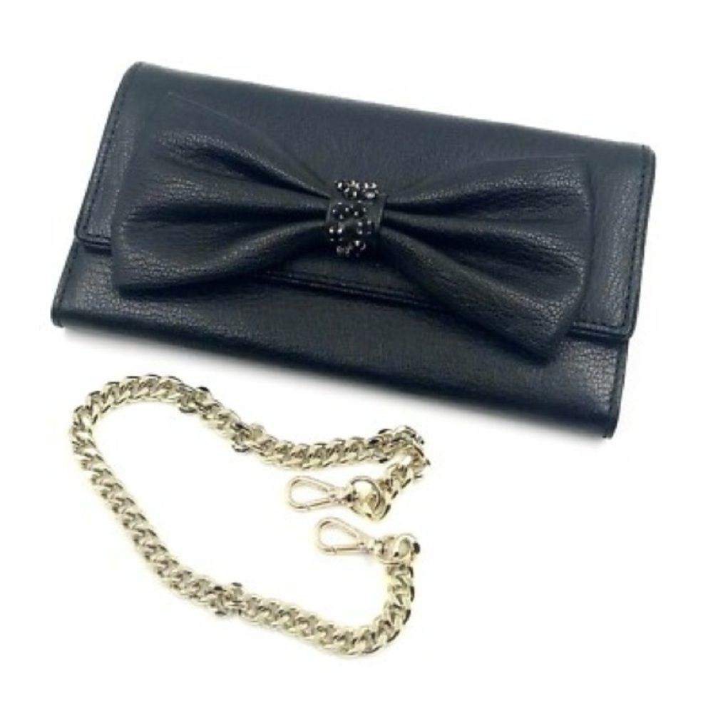 New Kate Spade Milou Manor Place Black Leather Bow Wallet Clutch Handbag